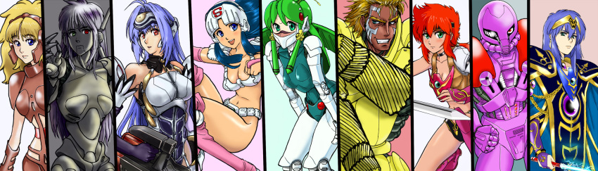 1boy, android, armor, black_magic_m-66, blonde_hair, blue_hair, character_request, copyright_request