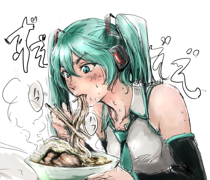 aqua_eyes, aqua_hair, blush, bowl, chopsticks, copsticks, detached_sleeves, eating