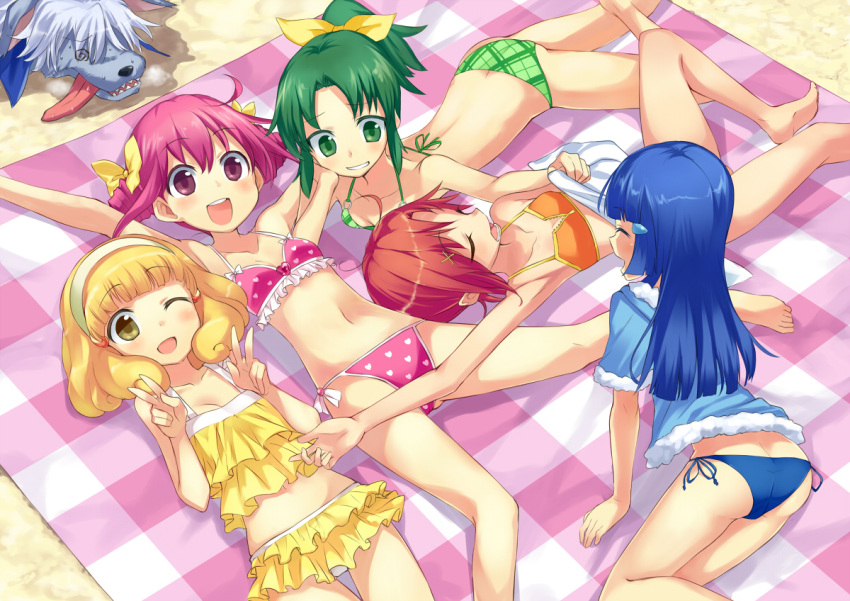 5girls, ;d, aoki_reika, bikini, blonde_hair, blue_eyes, blue_hair, chiroru_(7450n)