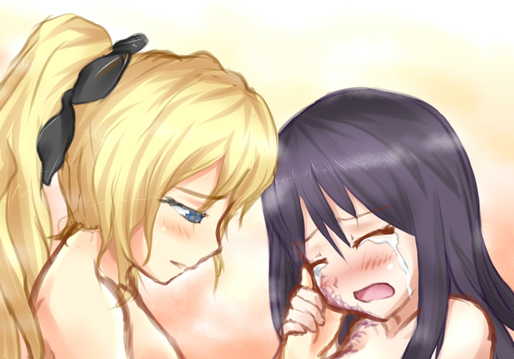 2girls, ambi07, black_hair, blind, blonde_hair, blue_eyes, crying, hair_ornament, ikezawa_hanako, katawa_shoujo, long_hair, multiple_girls, nude, ponytail, satou_lilly, scar, tagme