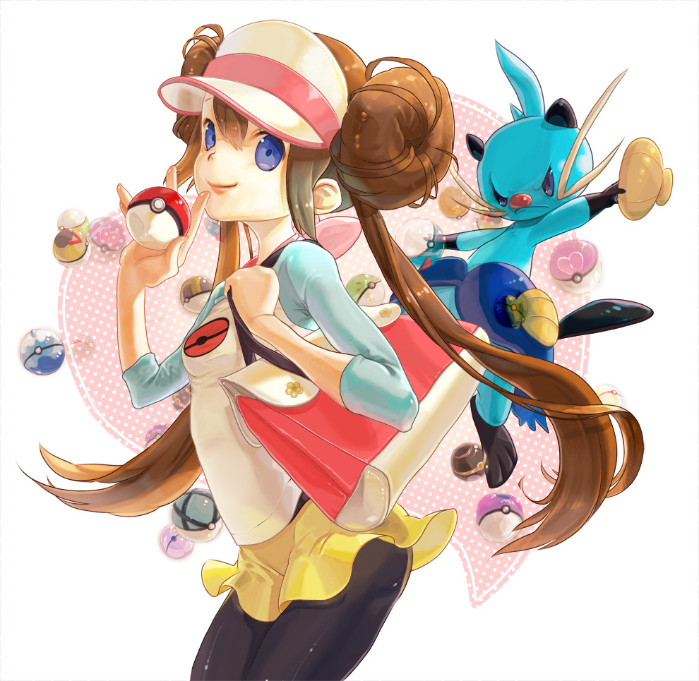 1girl, black_legwear, blue_eyes, brown_hair, dewott, dive_ball, double_bun, fast_ball