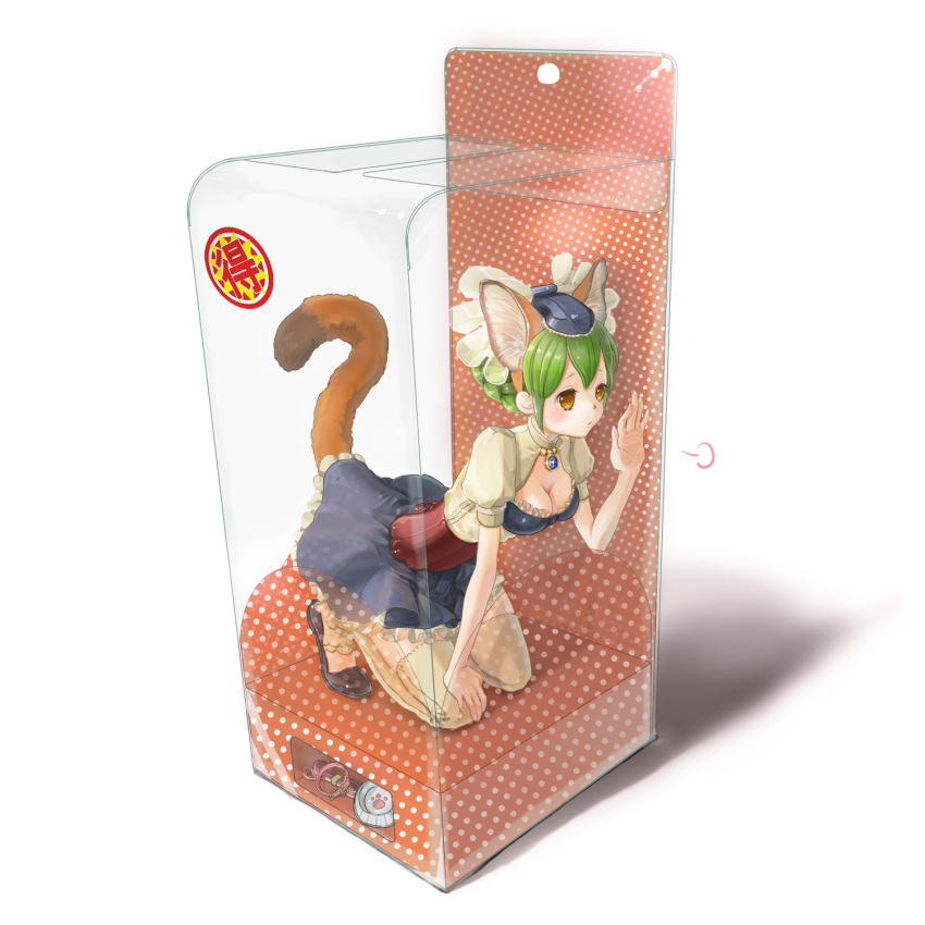 1girl, animal_ears, bowl, box, braid, breasts, cleavage, cleavage_cutout