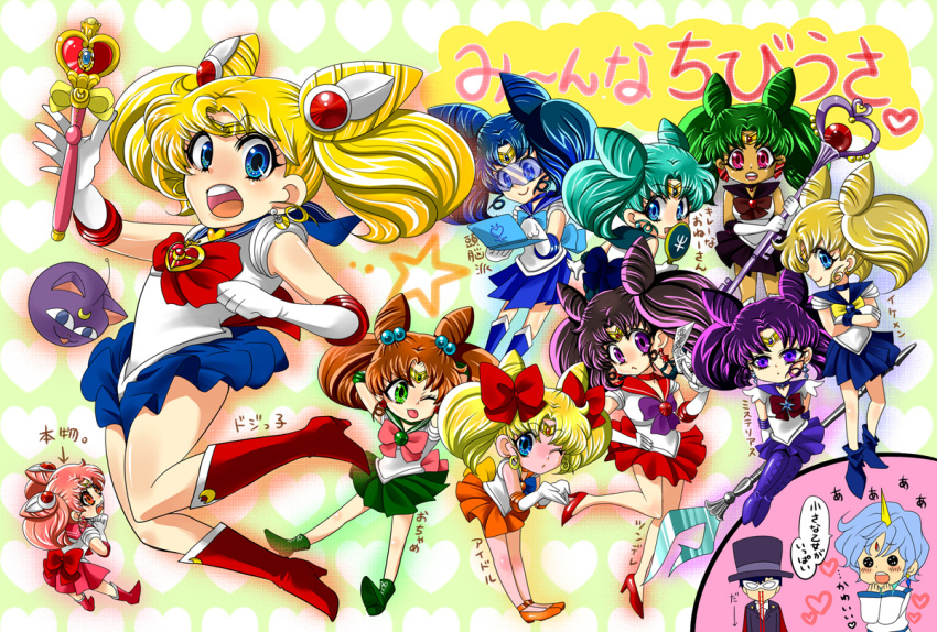 2boys, 6+girls, :o, ;p, alternate_color, aqua_hair, bishoujo_senshi_sailor_moon, black_hair