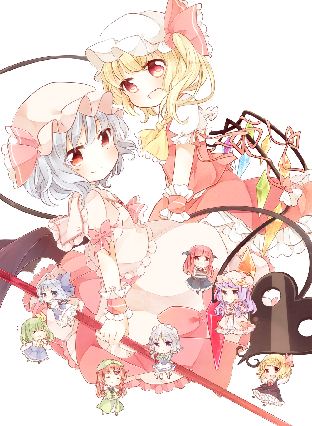 >_<, 6+girls, apron, ascot, bat_wings, blonde_hair, blue_dress, blue_hair