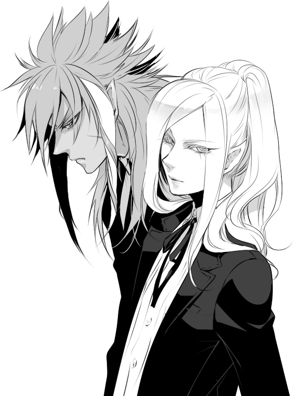 2boys, garushaa_wolfein, inazuma_eleven_(series), inazuma_eleven_go, inazuma_eleven_go_chrono_stone, long_hair, male, monochrome