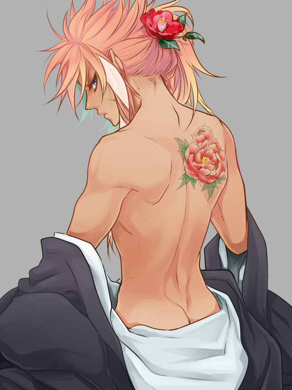 1boy, ass, blue_eyes, flower, from_behind, garushaa_wolfein, hair_flower, hair_ornament