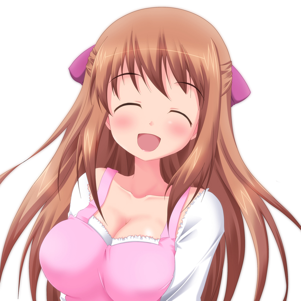 1girl, :d, ^_^, breasts, brown_hair, cleavage, closed_eyes, collarbone