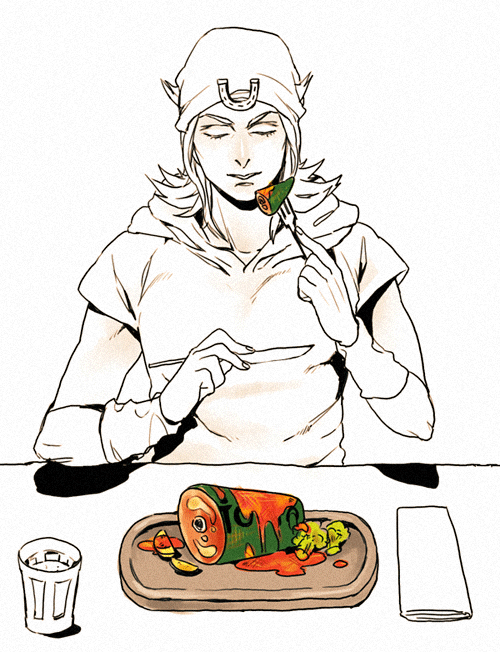 1boy, beanie, cauliflower, closed_eyes, diego_brando, dinosaur, eating, food