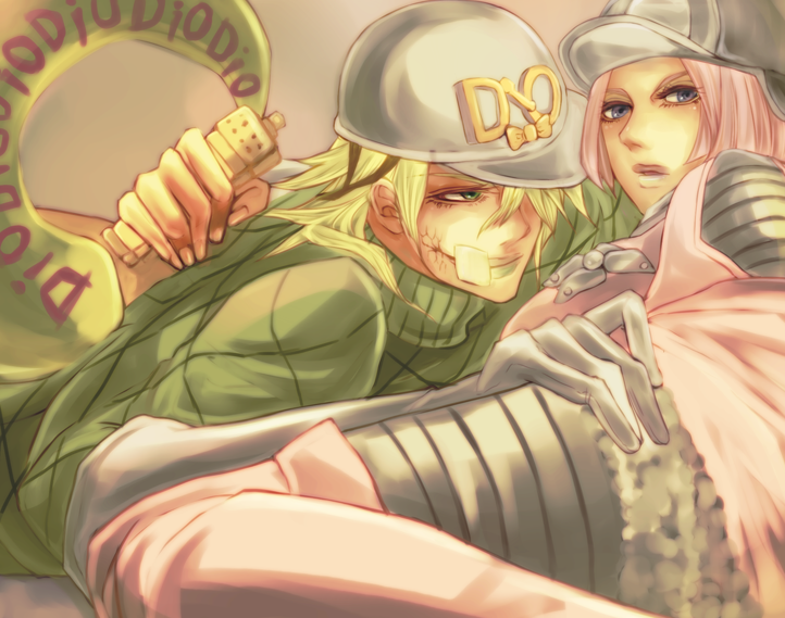 1boy, 1girl, bandages, blonde_hair, blue_eyes, cream_starter_(stand), diego_brando, green_eyes