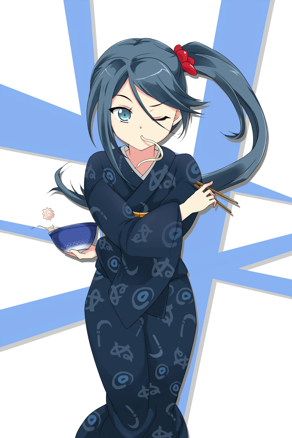 bowl, chopsticks, hair_ornament, hataraku_maou-sama!, highres, japanese_clothes, kamazuki_suzuno, kimono