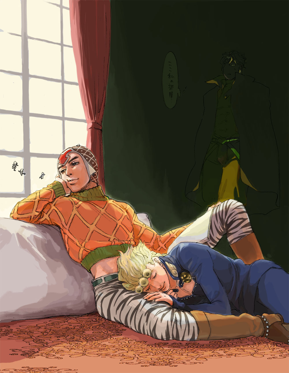 3boys, blonde_hair, boots, cape, dio_brando, gankyuumikan, giorno_giovanna, guido_mista, hat, highres, jojo_no_kimyou_na_bouken, midriff, multiple_boys, shadow, sleeping, tiger_print, window