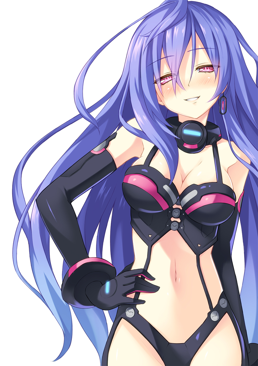 1girl, bare_shoulders, blush, breasts, choujigen_game_neptune, cleavage, collar, earrings