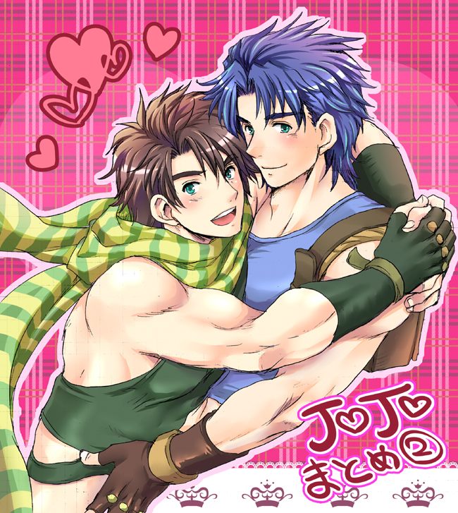 2boys, brown_hair, fingerless_gloves, gloves, grandfather_and_grandson, green_eyes, heart, hug