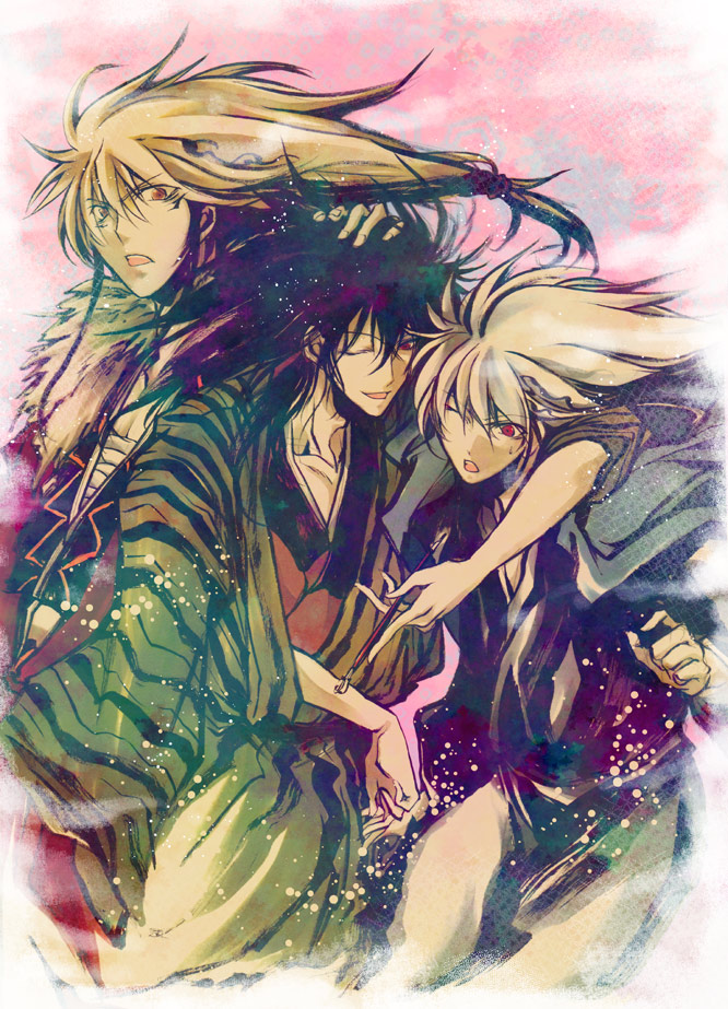 3boys, :o, black_hair, blonde_hair, father_and_son, japanese_clothes, kimono, kiseru