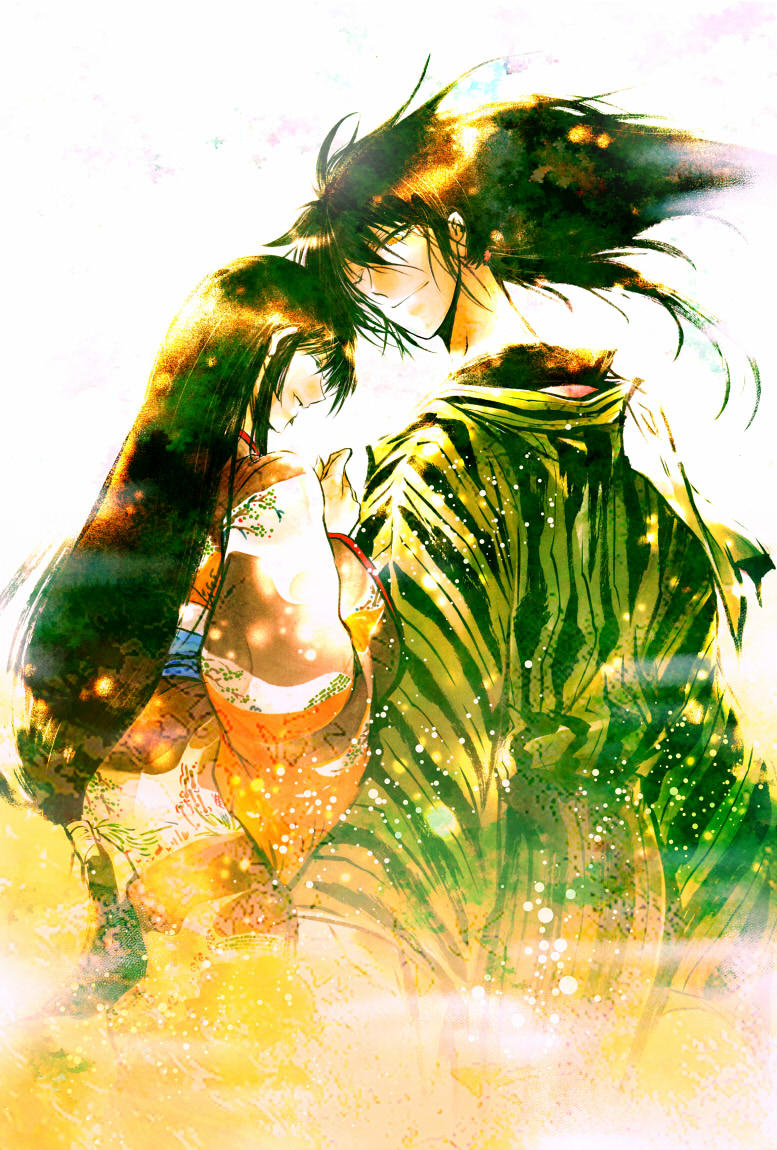 1boy, 1girl, black_hair, closed_eyes, couple, husband_and_wife, long_hair, low-tied_long_hair