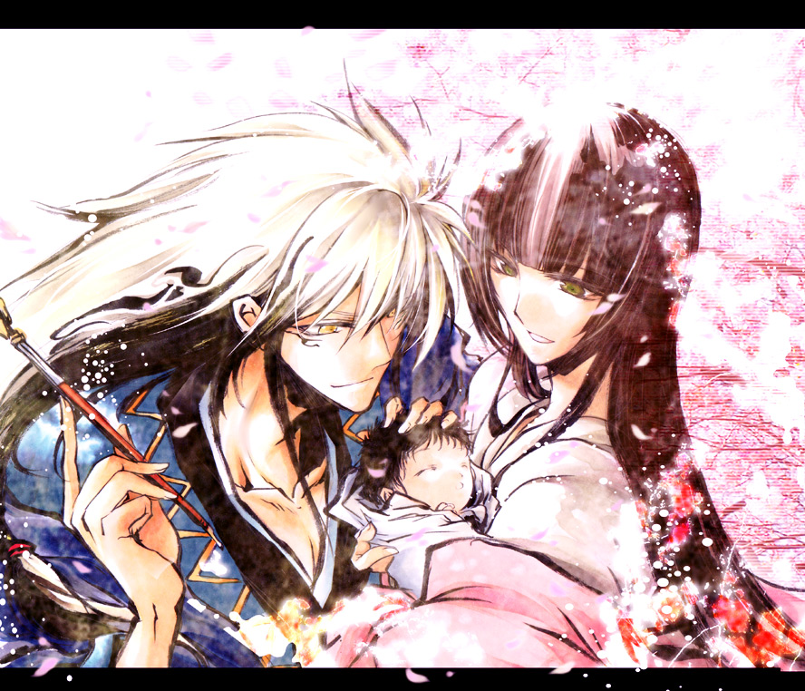 1girl, 2boys, baby, black_hair, cherry_blossoms, family, green_eyes, husband_and_wife, japanese_clothes, kimono, kiseru, long_hair, multicolored_hair, multiple_boys, nekoritatsuki, nura_rihan, nura_rihyon, nurarihyon_no_mago, petals, pipe, smile, white_hair, yellow_eyes, youhime, yukata