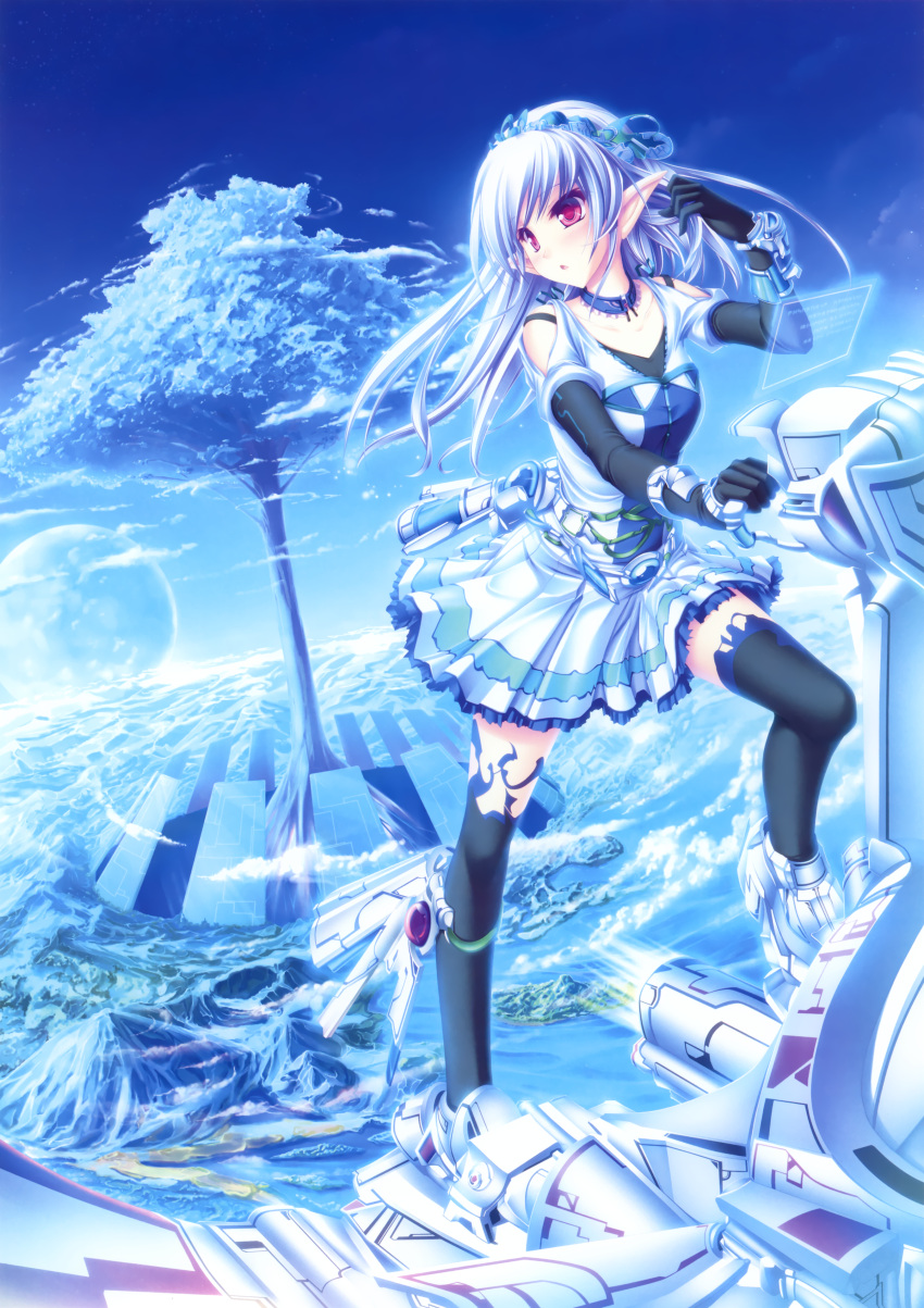 1girl, absurdres, aircraft, black_legwear, blue_hair, elbow_gloves, giant_tree, gloves, highres, holographic_interface, huge_filesize, original, pointy_ears, tagme, tenmaso, thigh-highs, violet_eyes