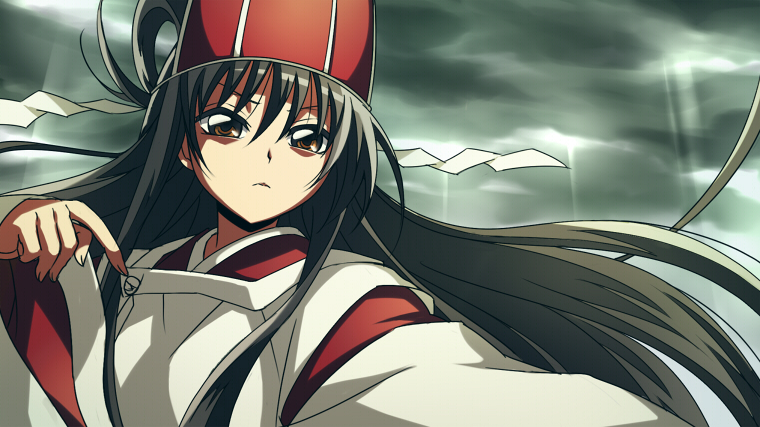 1girl, black_hair, blueness_(michikusakan), bow_(weapon), brown_eyes, clouds, keikain_yura, long_hair
