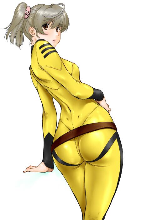 1girl, :o, ahoge, alternate_color, ass, bangs, belt, bodysuit, cowboy_shot, dimples_of_venus, dutch_angle, grey_hair, hair_between_eyes, hand_on_hip, impossible_clothes, kneepits, looking_at_viewer, looking_back, misaki_yuria, open_mouth, red_eyes, scrunchie, shiny, shiny_clothes, short_hair, short_twintails, simple_background, skin_tight, small_breasts, solo, standing, surprised, tight, turtleneck, twintails, tyno, uchuu_senkan_yamato, uchuu_senkan_yamato_2199, white_background, wide_hips