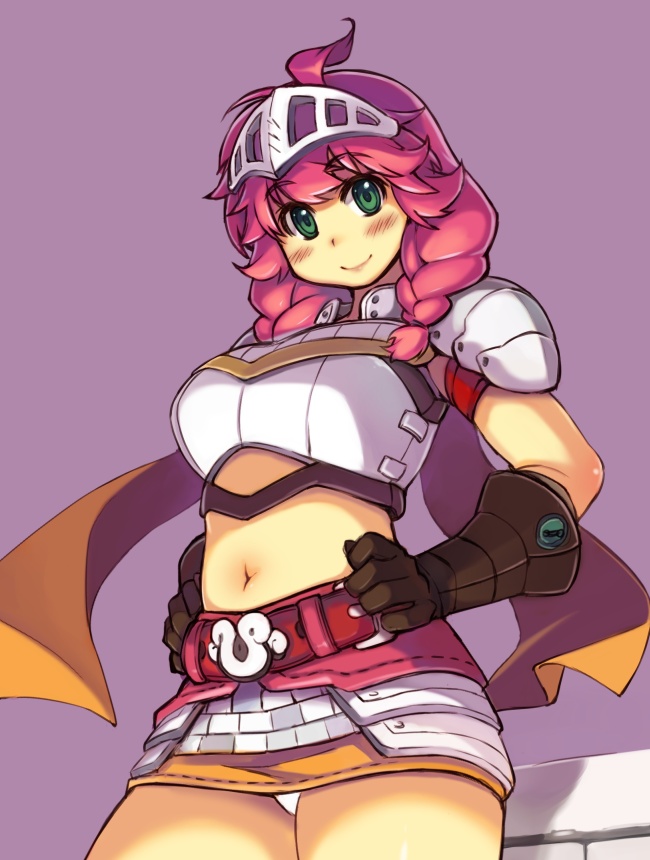 1girl, ahoge, armor, blush, braid, gloves, green_eyes, hands_on_hips