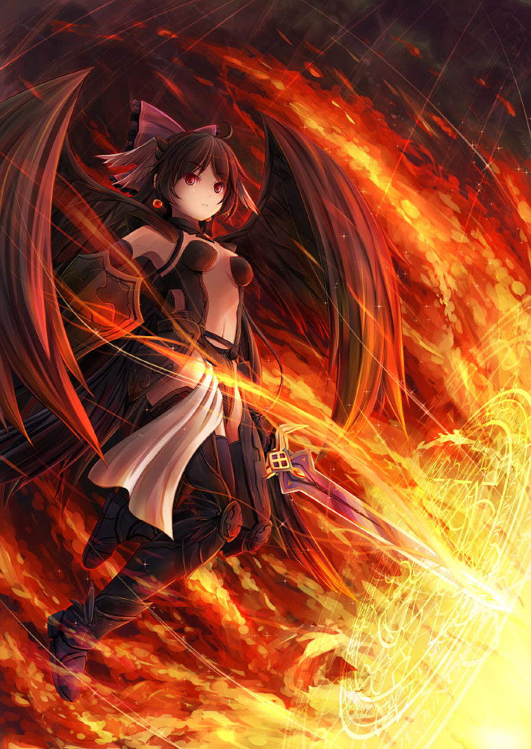1girl, akashio_(loli_ace), armpits, black_hair, bow, breasts, dark_persona, hair_bow, looking_at_viewer, magic_circle, minerva_(p&amp;d), minerva_(p&amp;d)_(cosplay), navel, puzzle_&amp;_dragons, red, red_eyes, reiuji_utsuho, shield, short_hair, solo, sword, touhou, weapon, wings