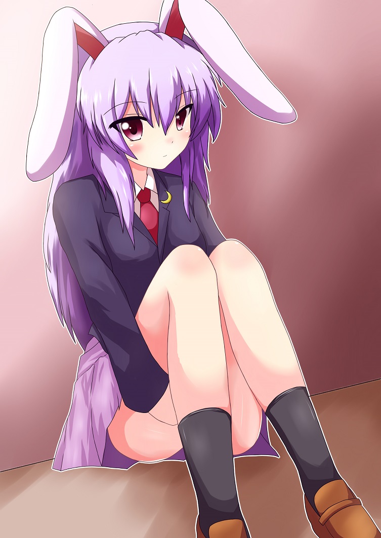 1girl, animal_ears, blazer, holding_legs, long_hair, purple_hair, rabbit_ears, rating