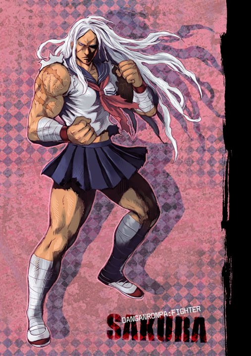 1girl, bandages, blue_eyes, character_name, checkered, checkered_background, clenched_hands, copyright_name
