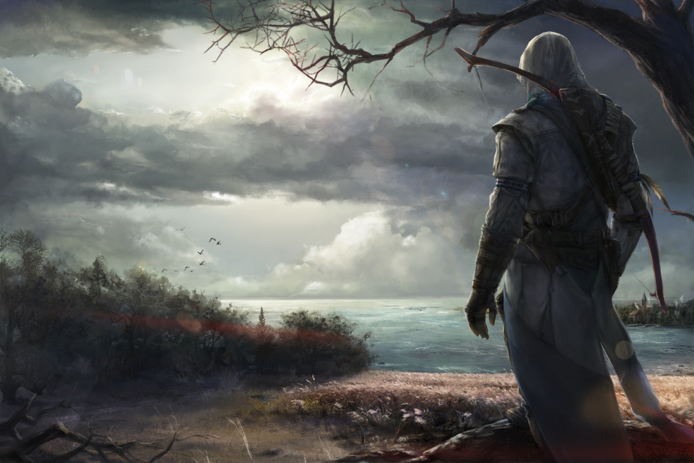 assassin's_creed, assassin's_creed_iii, bow_(weapon), connor_kenway, gloves, hood, landscape, sky