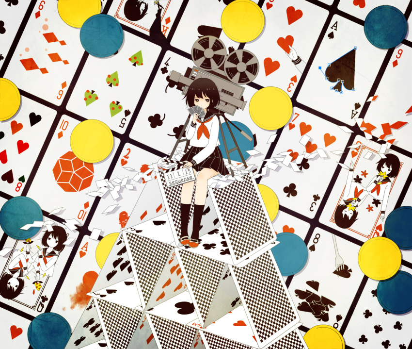 1girl, black_eyes, black_hair, card, card_tower, checkered, clapperboard, flower