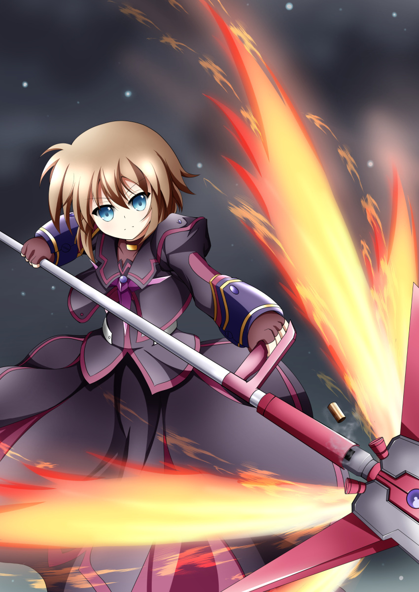1girl, blue_eyes, brown_hair, dress, fingerless_gloves, gloves, highres, long_sleeves