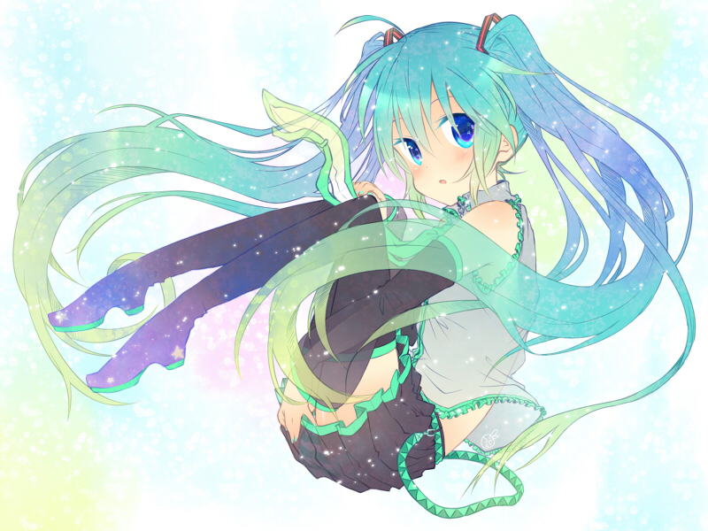 1girl, blue_eyes, boots, detached_sleeves, fetal_position, green_hair, hatsune_miku, long_hair