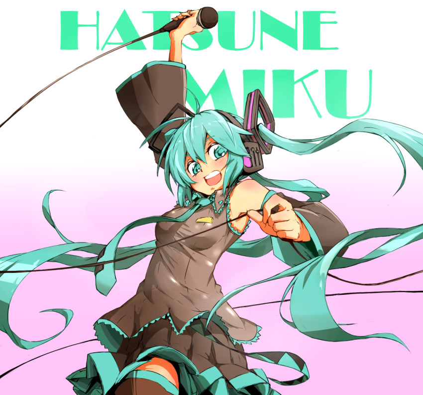 1girl, aqua_eyes, aqua_hair, arm_up, character_name, detached_sleeves, hatsune_miku, headphones
