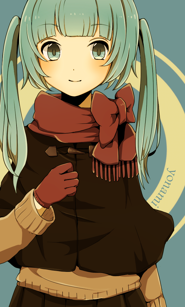 1girl, artist_name, chizuru_(ambient), gloves, green_eyes, green_hair, hatsune_miku, scarf
