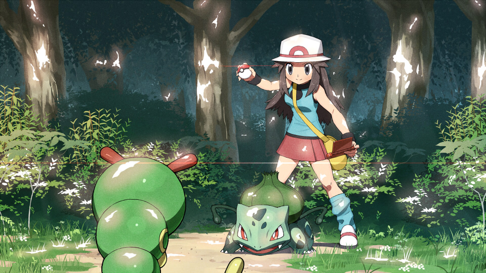 1girl, bag, blue_(pokemon), brown_eyes, brown_hair, bulbasaur, caterpie, forest