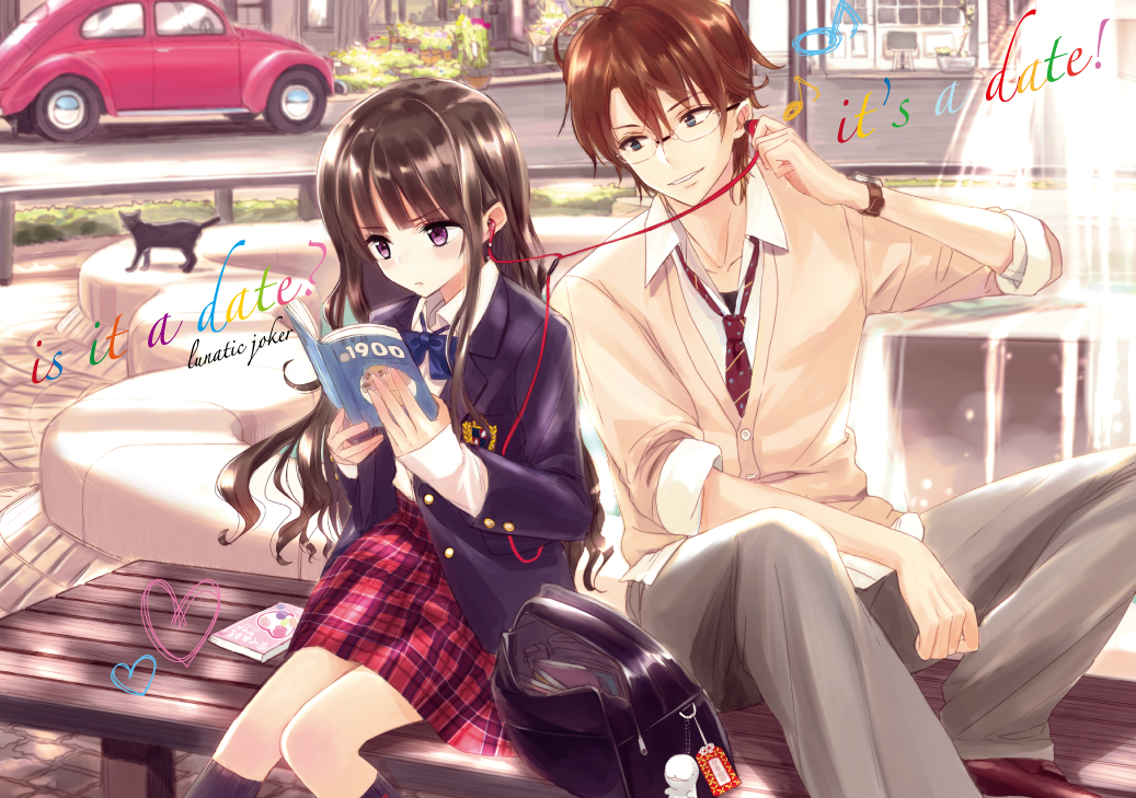 1boy, 1girl, bag, bench, black_cat, black_legwear, blazer, blush