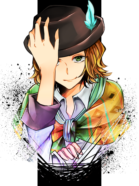 1boy, brown_eyes, brown_hair, dress_shirt, feathers, gremlin_(kamen_rider_wizard), hat, kamen_rider, kamen_rider_wizard_(series), male, peco_yuyu, scarf, shirt, smile, solo, tagme, vest