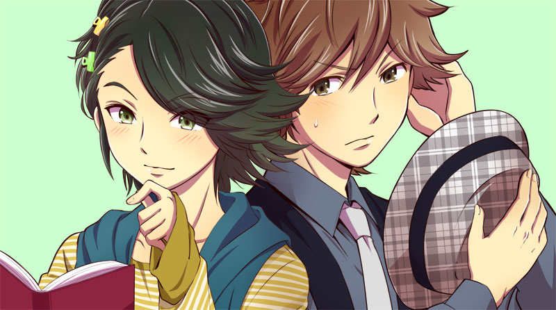 2boys, bad_id, bad_pixiv_id, black_hair, blush, book, brown_eyes, brown_hair