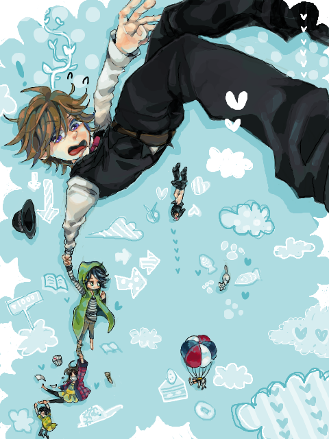 1girl, 4boys, :o, arrow_(symbol), black_hair, blue_background, book, brown_hair