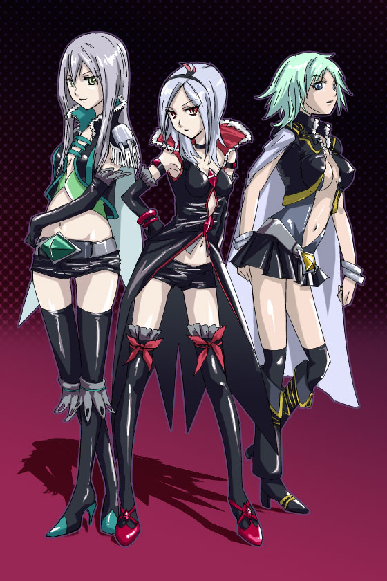 3girls, blue_eyes, cape, detached_sleeves, eas, fresh_precure!, genderswap, green_eyes