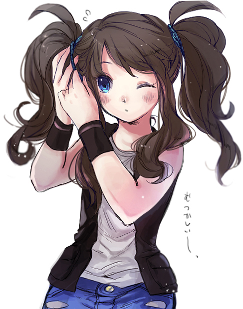 1girl, alternate_hairstyle, blue_eyes, blush, braid, brown_hair, denim, denim_shorts