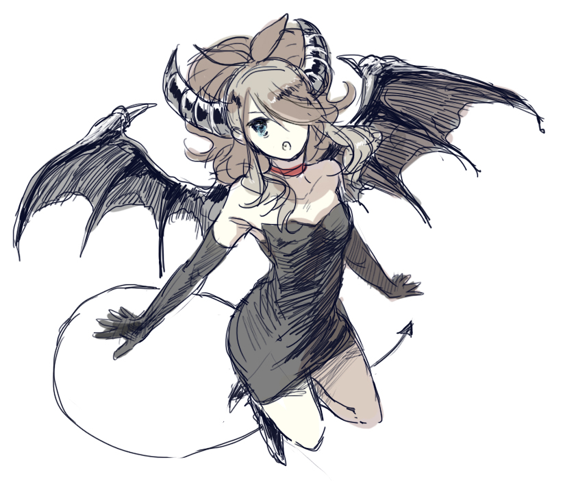 1girl, bare_shoulders, black_dress, blue_eyes, brown_hair, demon_girl, demon_horns, demon_tail