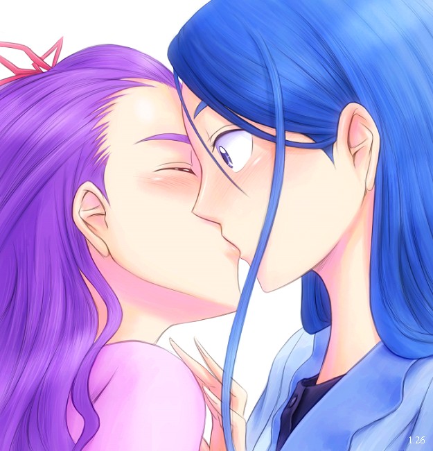 2girls, blue_eyes, blue_hair, blush, bonnie_(rsg), closed_eyes, face, kiss