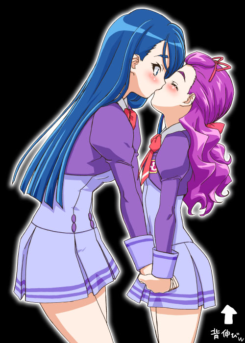2girls, artist_request, black_background, blue_eyes, blue_hair, blush, closed_eyes, couple