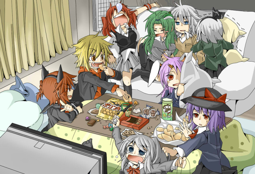 6+girls, @_@, alternate_costume, animal_ears, arm_grab, arms_up, blazer, blonde_hair, blue_eyes, braid, candy, cat_ears, chips, chocolate, closed_eyes, contemporary, couch, covering_face, curtains, eating, fang, frog_hair_ornament, green_hair, hair_grab, hair_ornament, hair_ribbon, hat, hat_ribbon, hiding, izayoi_sakuya, kaenbyou_rin, kochiya_sanae, konpaku_youmu, kotatsu, lighter, lollipop, mononobe_no_futo, multiple_girls, nagae_iku, no_shoes, nose_bubble, onozuka_komachi, open_mouth, pantyhose, pillow, pocky, ponytail, pringles, purple_hair, rabbit_ears, red_eyes, redhead, reisen_udongein_inaba, ribbon, scared, school_uniform, serafuku, silver_hair, skirt, sweat, table, television, toramaru_shou, touhou, trembling, twin_braids, wristband, yahata_(015012), yellow_eyes