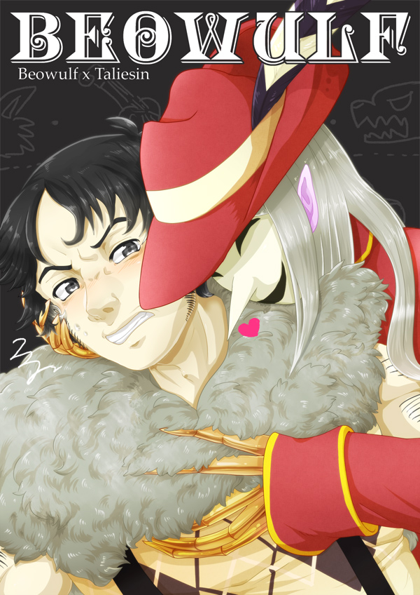 2boys, beowulf_(skullgirls), black_hair, bone, character_name, fedora, hat, hat_feather