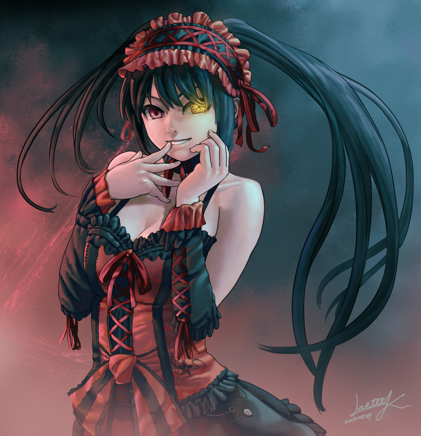 1girl, absurdres, bare_shoulders, black_hair, blush, breasts, cleavage, clock_eyed