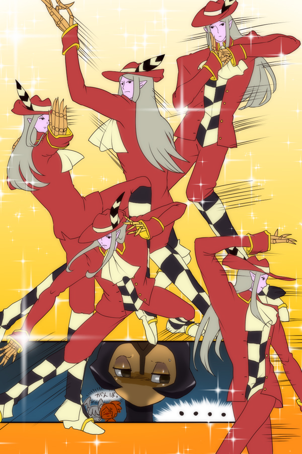 1boy, 3girls, black_hair, cerebella_(skullgirls), checkered, chibi_inset, embarrassed, fedora