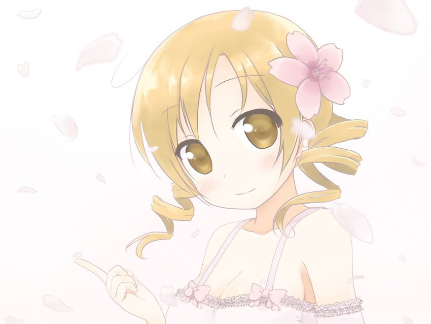 1girl, blonde_hair, blush, breasts, cherry_blossoms, cleavage, commentary_request, flower
