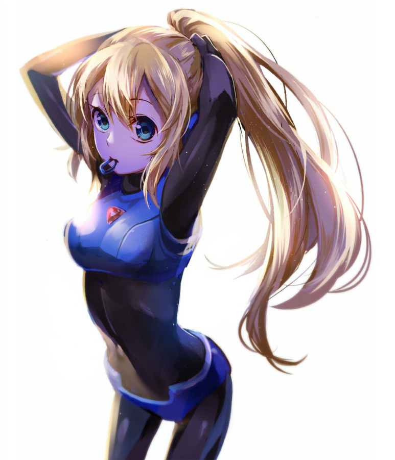 1girl, arms_up, blonde_hair, blue_eyes, bodysuit, hair_tie, long_hair, looking_at_viewer, mouth_hold, ponytail, rockman, rokkochan, rokkochan_(game), rough, simple_background, solo, very_long_hair, white_background, yunco