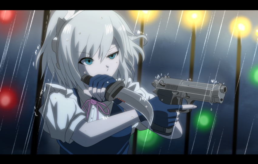 1girl, aqua_eyes, beretta_92, blue_dress, blue_gloves, dress, fingerless_gloves, gloves